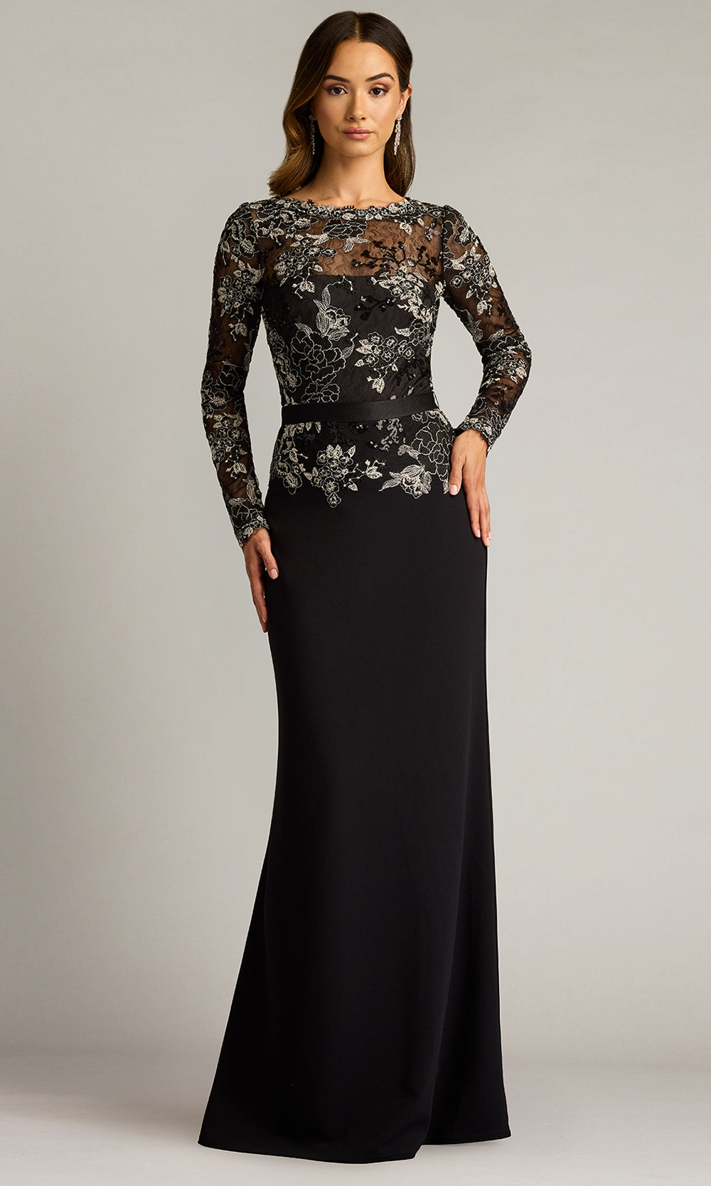 Tadashi Shoji CGU25804L - Beacon Belted Embroidered Illusion Sheath Gown Formal Gowns