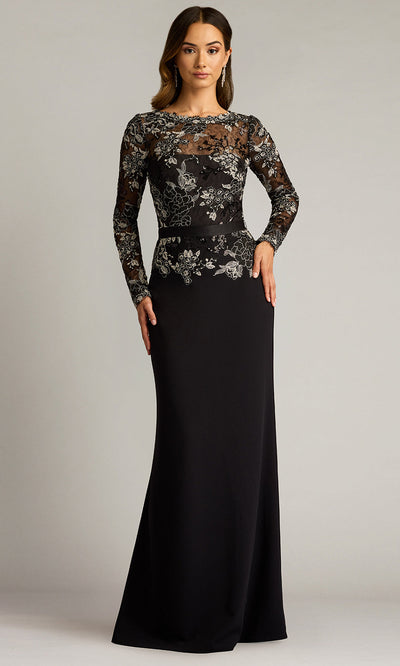 Tadashi Shoji CGU25804L - Beacon Belted Embroidered Illusion Sheath Gown Formal Gowns