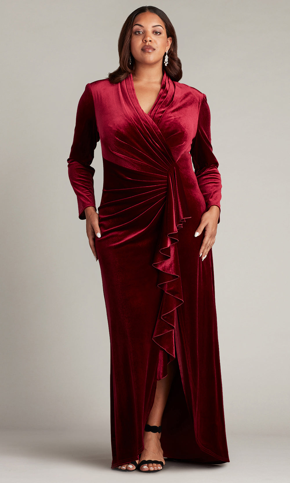 Tadashi Shoji BAL23357LQ - Markum Long-Sleeve Velvet Flounce Evening Gown - PLUS SIZE c in Red  