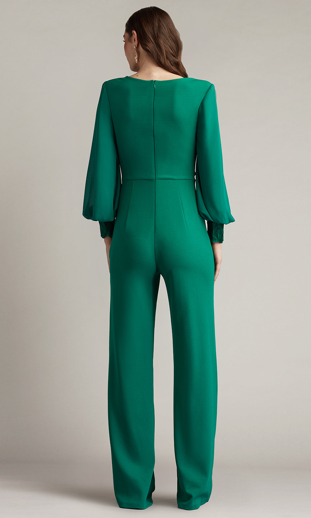 Tadashi Shoji BOS24911Y - Sahana Bishop Sleeve Plunge Crepe Jumpsuit Formal Pantsuits in Green  