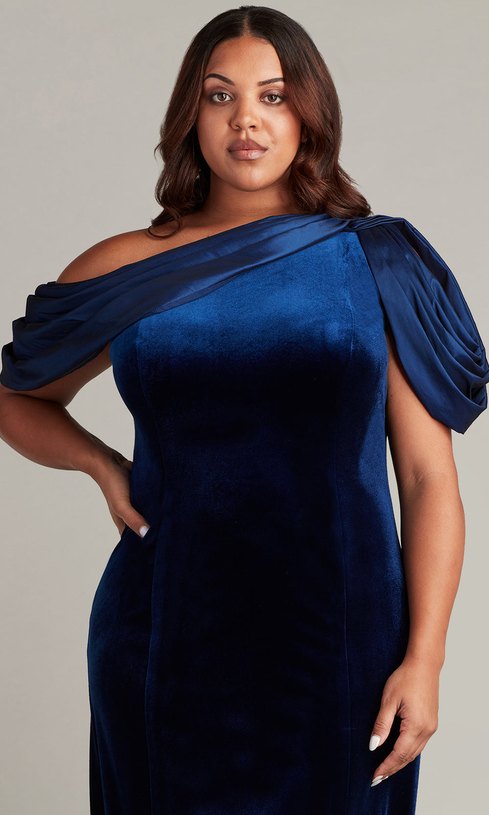 Tadashi Shoji BAL22037LQ - Copley Shoulder Drape Velvet Column Gown - PLUS SIZE Mother of the Bride Dresses in Blue  