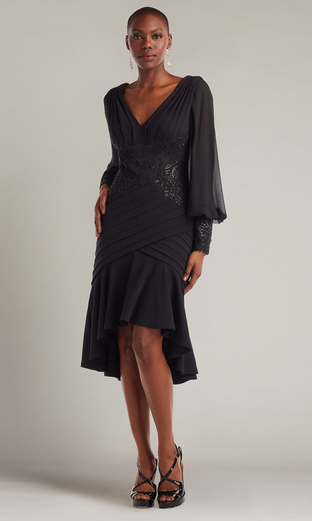 Tadashi Shoji BOS25682M - Kalina Blouson Sleeve High-Low Embroidered Dress Mother of the Bride Dresses in Black  