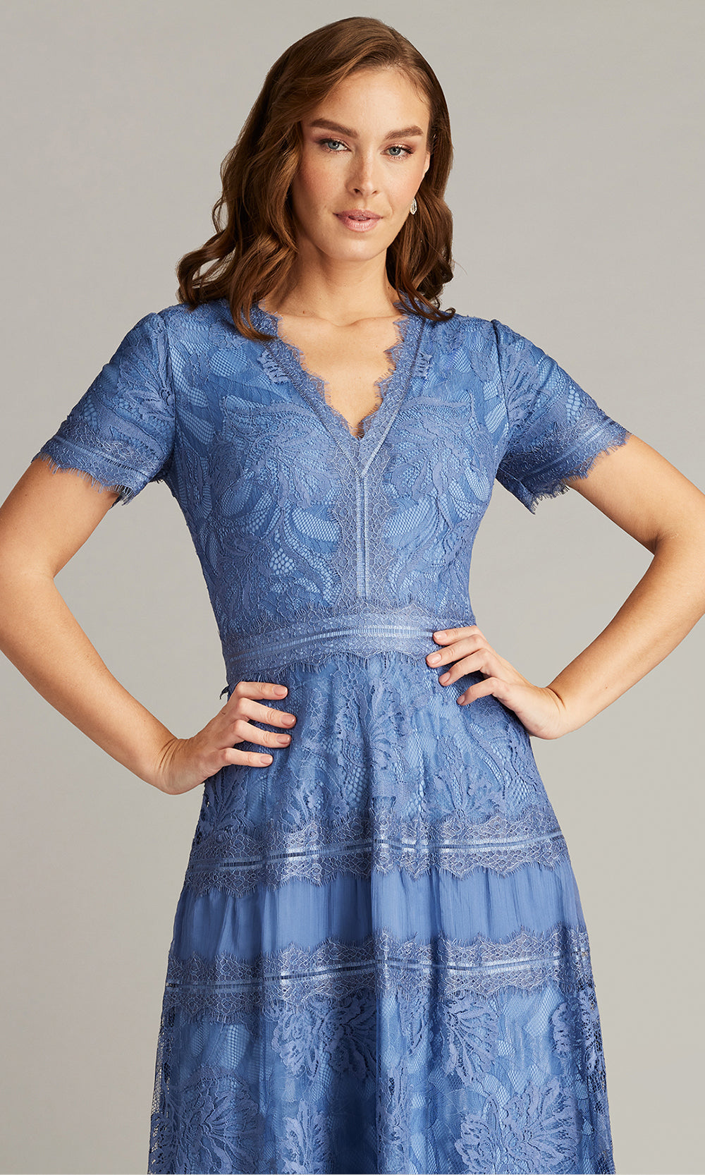Tadashi Shoji AWI20506MD - Lace Trim Short Sleeve Midi Dress Wedding Dresses in Blue  