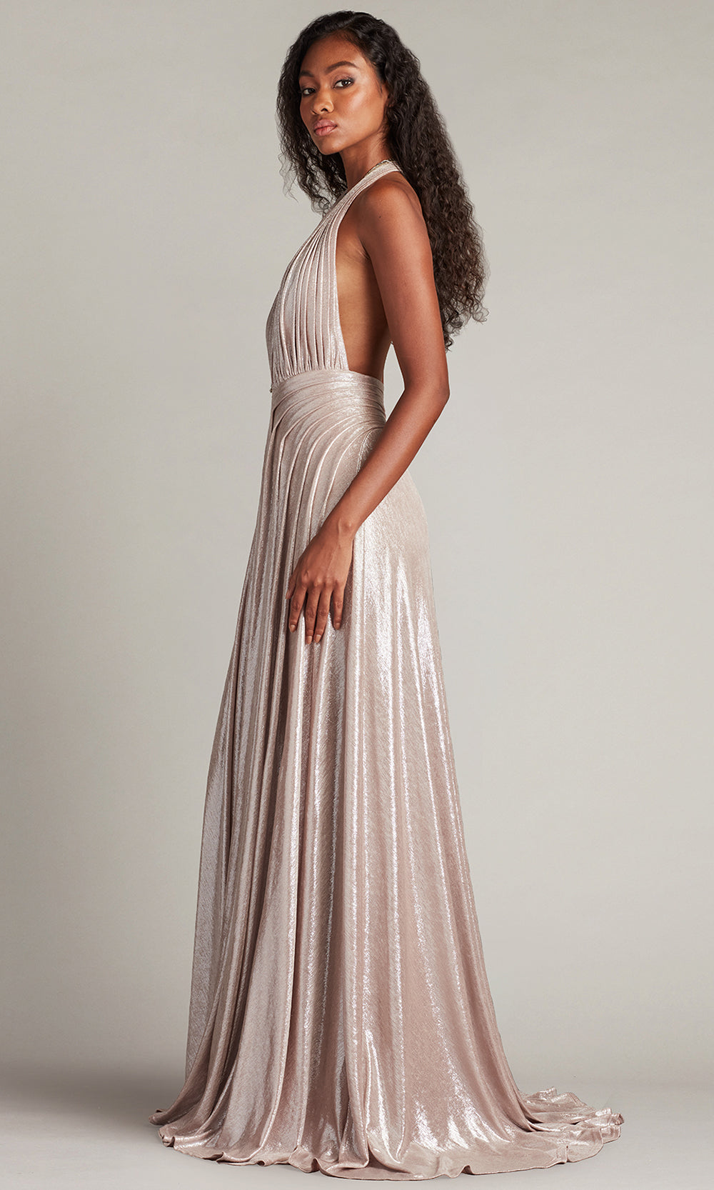 Tadashi Shoji BSJ25440L - Zarelle Pleated Metallic Halter V-Neck Gown Prom Dresses in Gray  