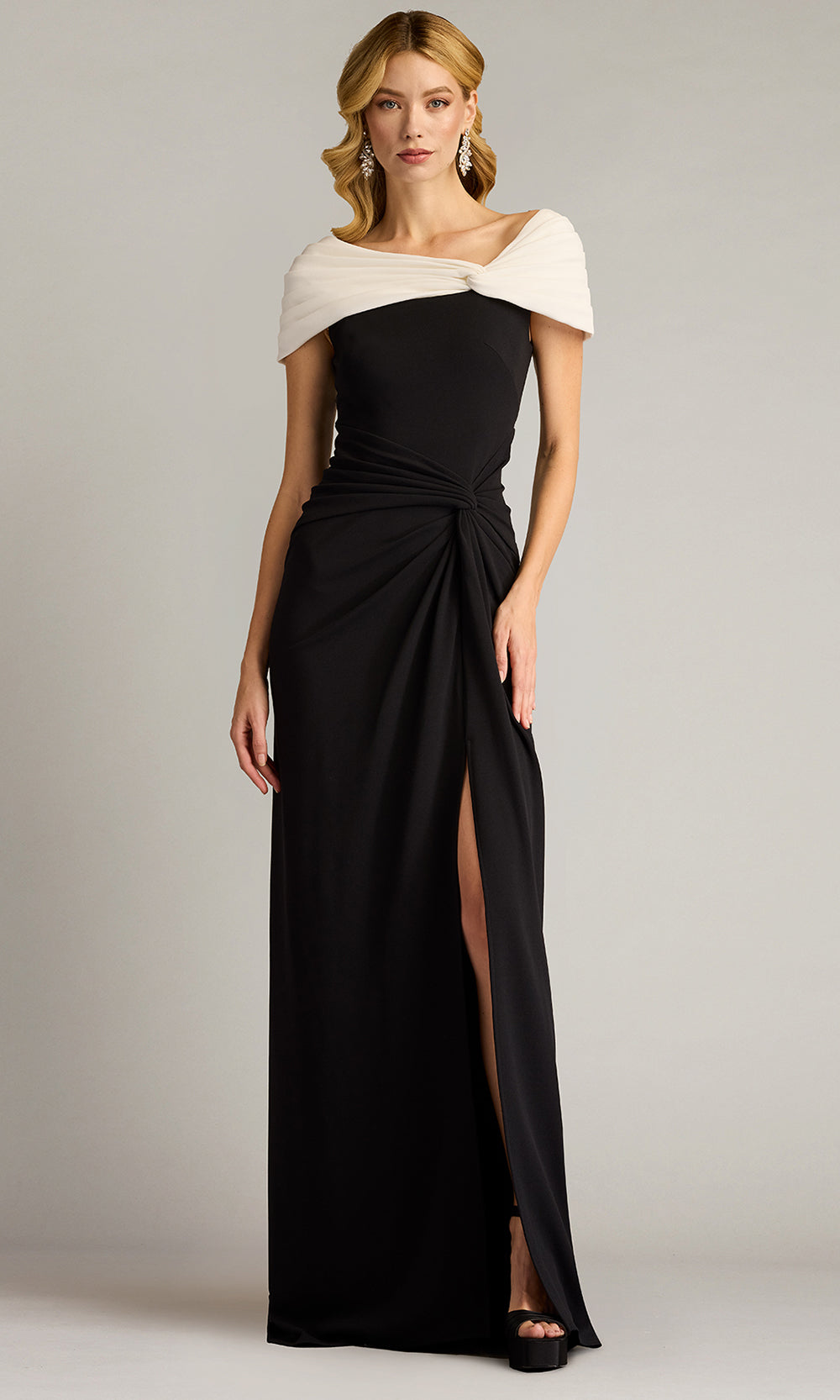 Tadashi Shoji BOS25146L - Perkins Asymmetric Draped Sheath Gown Prom Dresses in Black and White