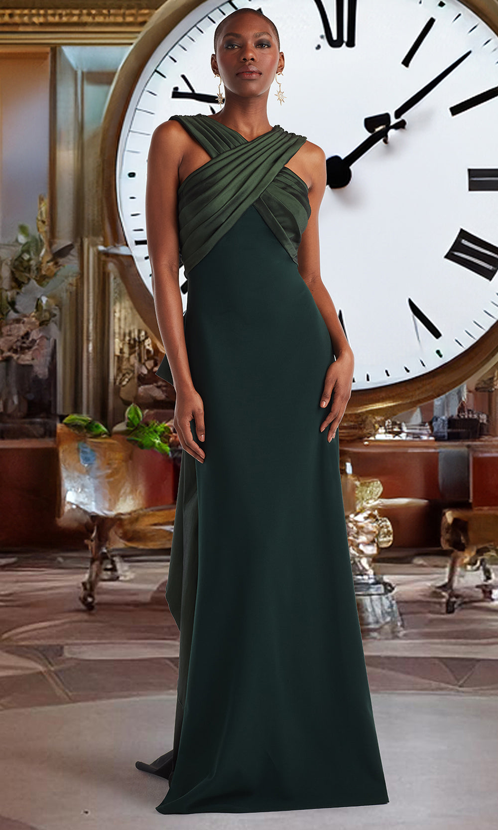 Tadashi Shoji BOS25316L - Caro Cascading Halter Gown with Pleated Detail Special Occasion Dress in Green  