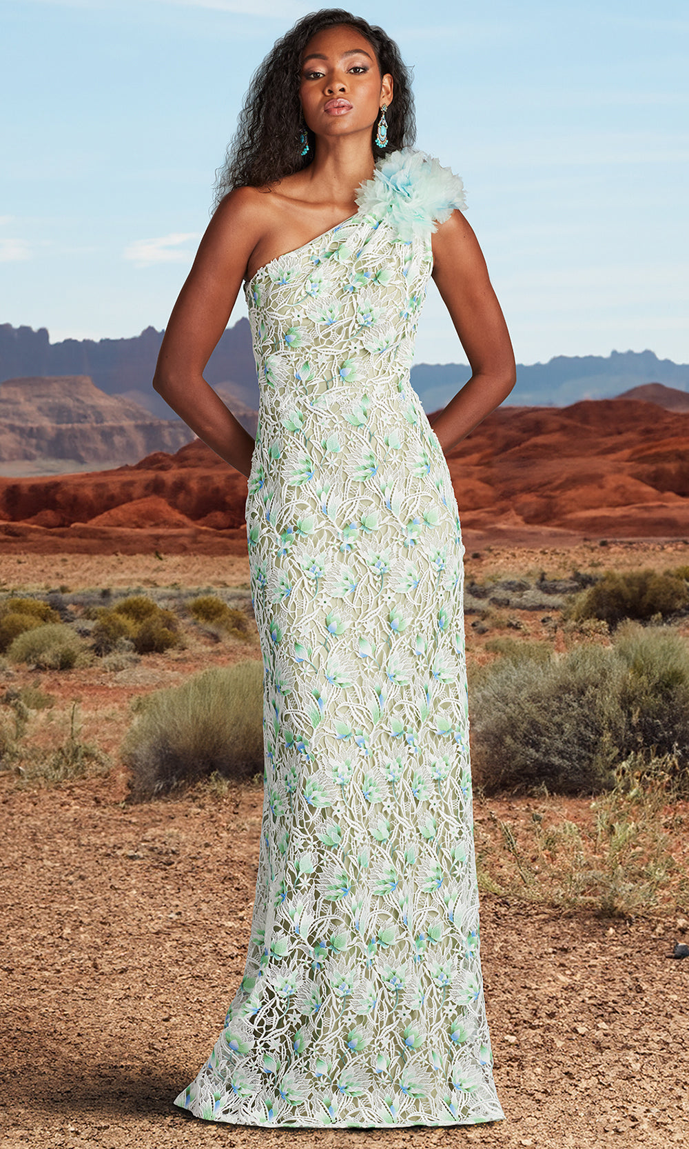 Tadashi Shoji CHY25433L - Kahli 3D Floral Embroidered One Shoulder Gown Prom Dresses in White and Green
