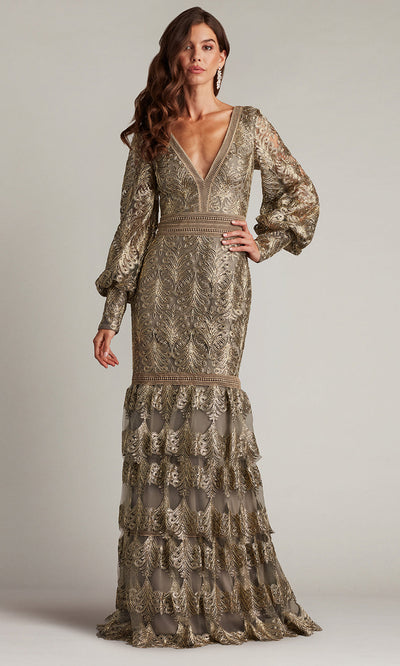 Tadashi Shoji CGA24268L - V-Neck Aponi Tiered Sequin Embroidered Gown Formal Gowns