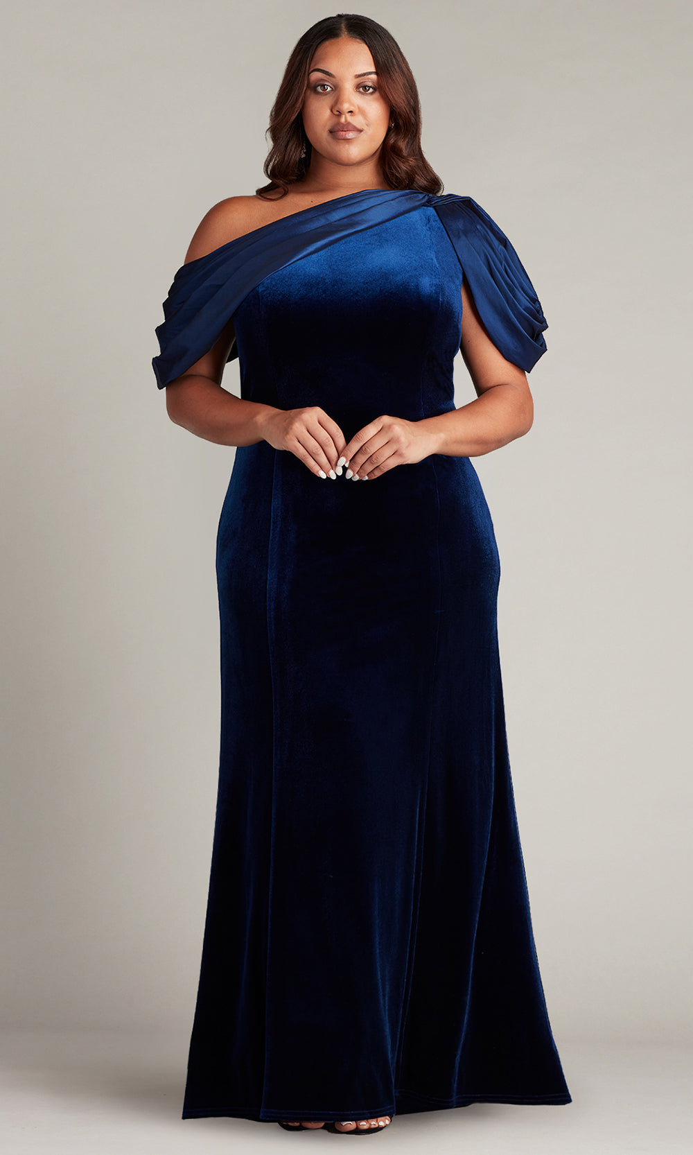 Tadashi Shoji BAL22037LQ - Copley Shoulder Drape Velvet Column Gown - PLUS SIZE Mother of the Bride Dresses in Blue  