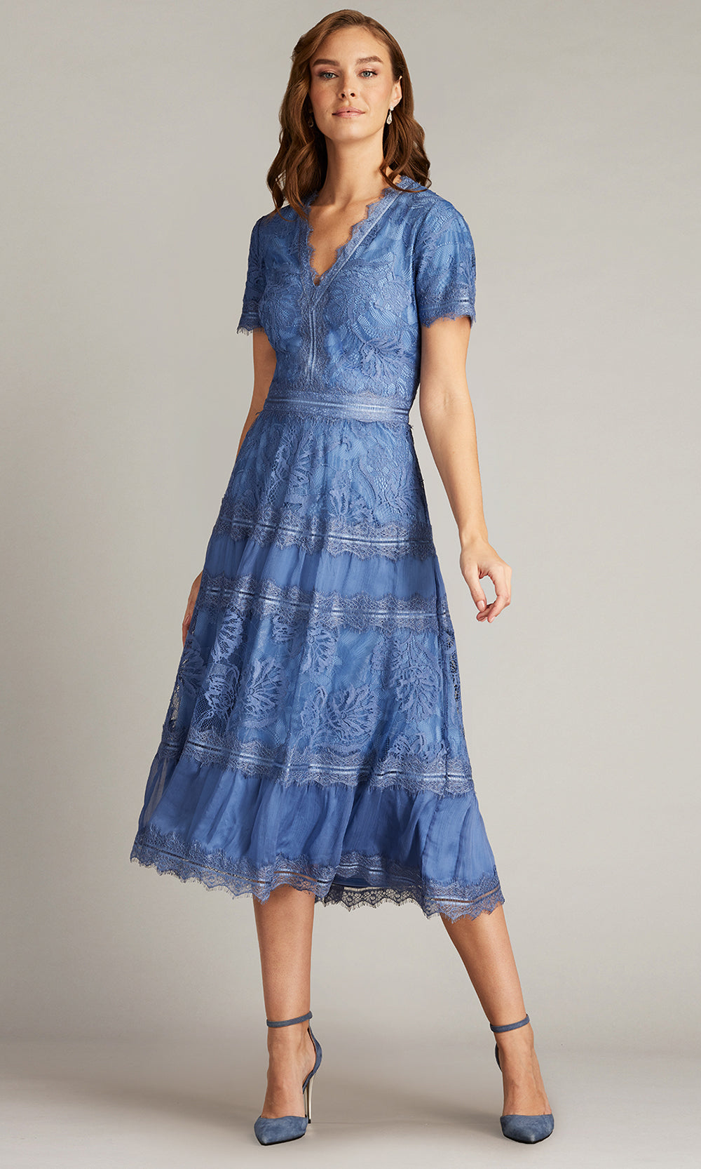 Tadashi Shoji AWI20506MD - Lace Trim Short Sleeve Midi Dress Wedding Dresses in Blue  