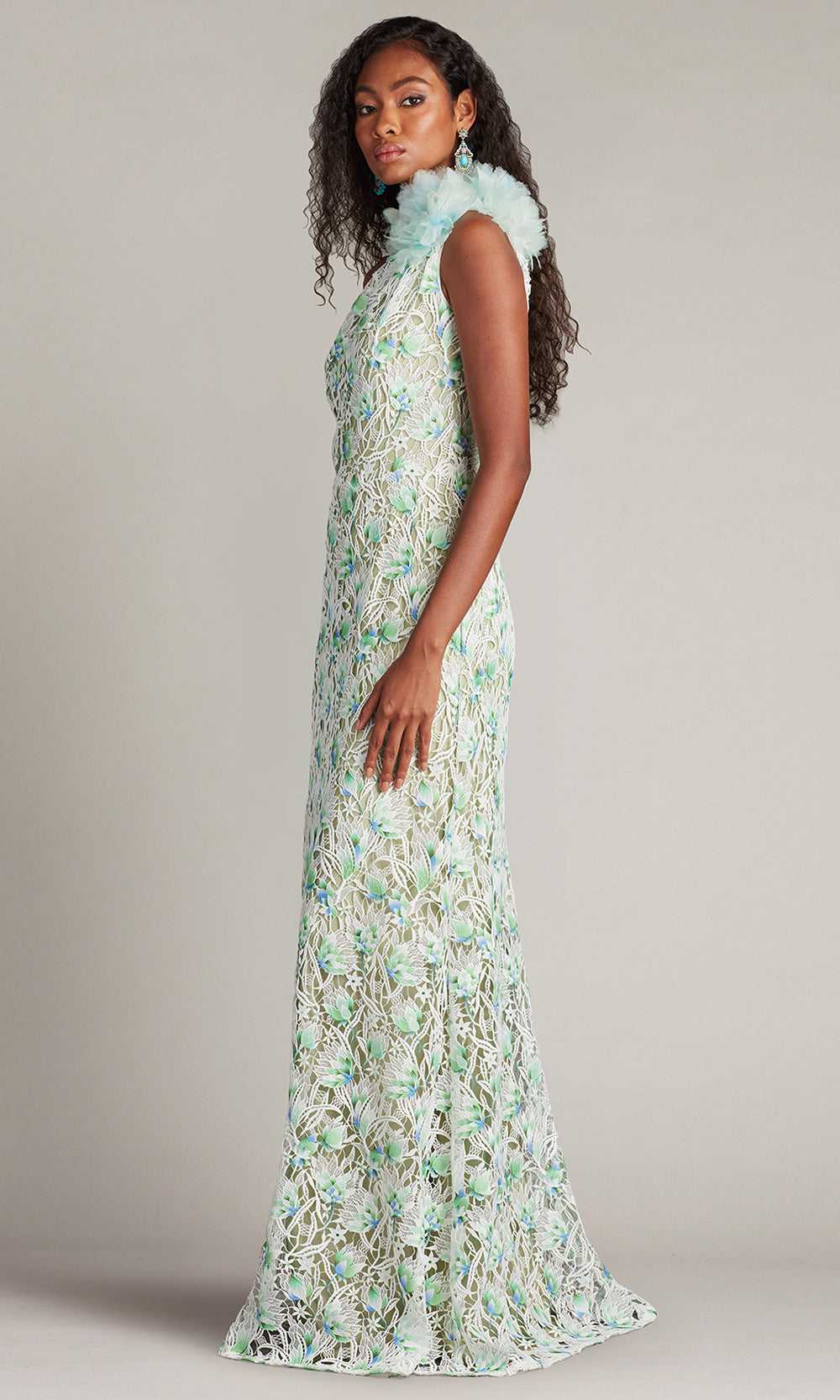 Tadashi Shoji CHY25433L - Kahli 3D Floral Embroidered One Shoulder Gown Prom Dresses in White and Green