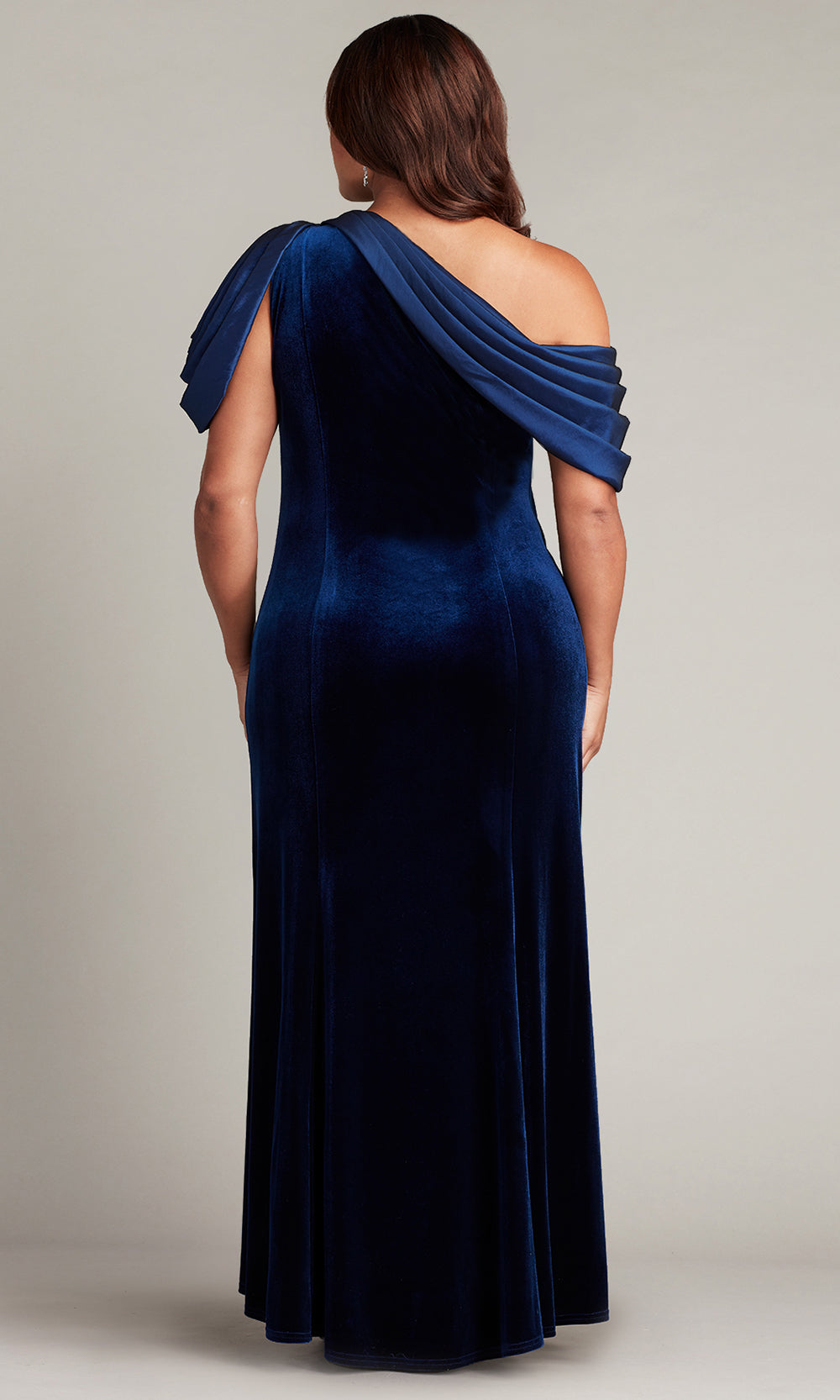 Tadashi Shoji BAL22037LQ - Copley Shoulder Drape Velvet Column Gown - PLUS SIZE Mother of the Bride Dresses in Blue  