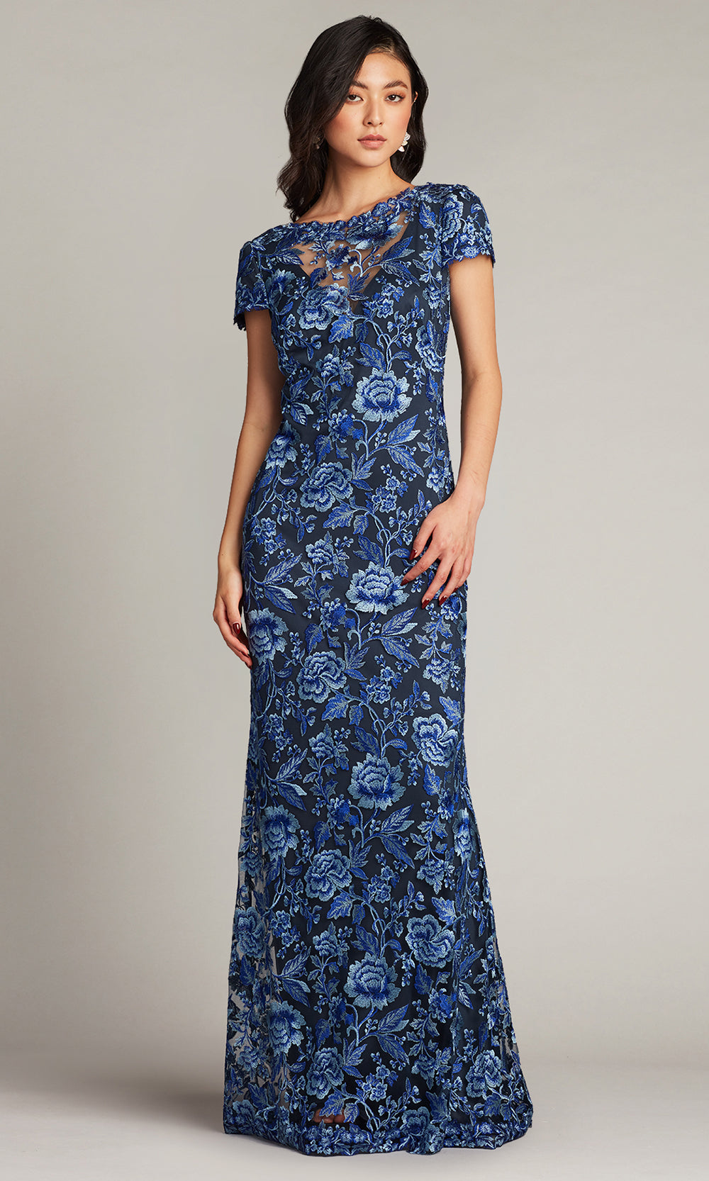 Tadashi Shoji BRX16575L - Oran Embroidered Tulle Cap Sleeve Gown Mother of the Bride Dresses in Blue  