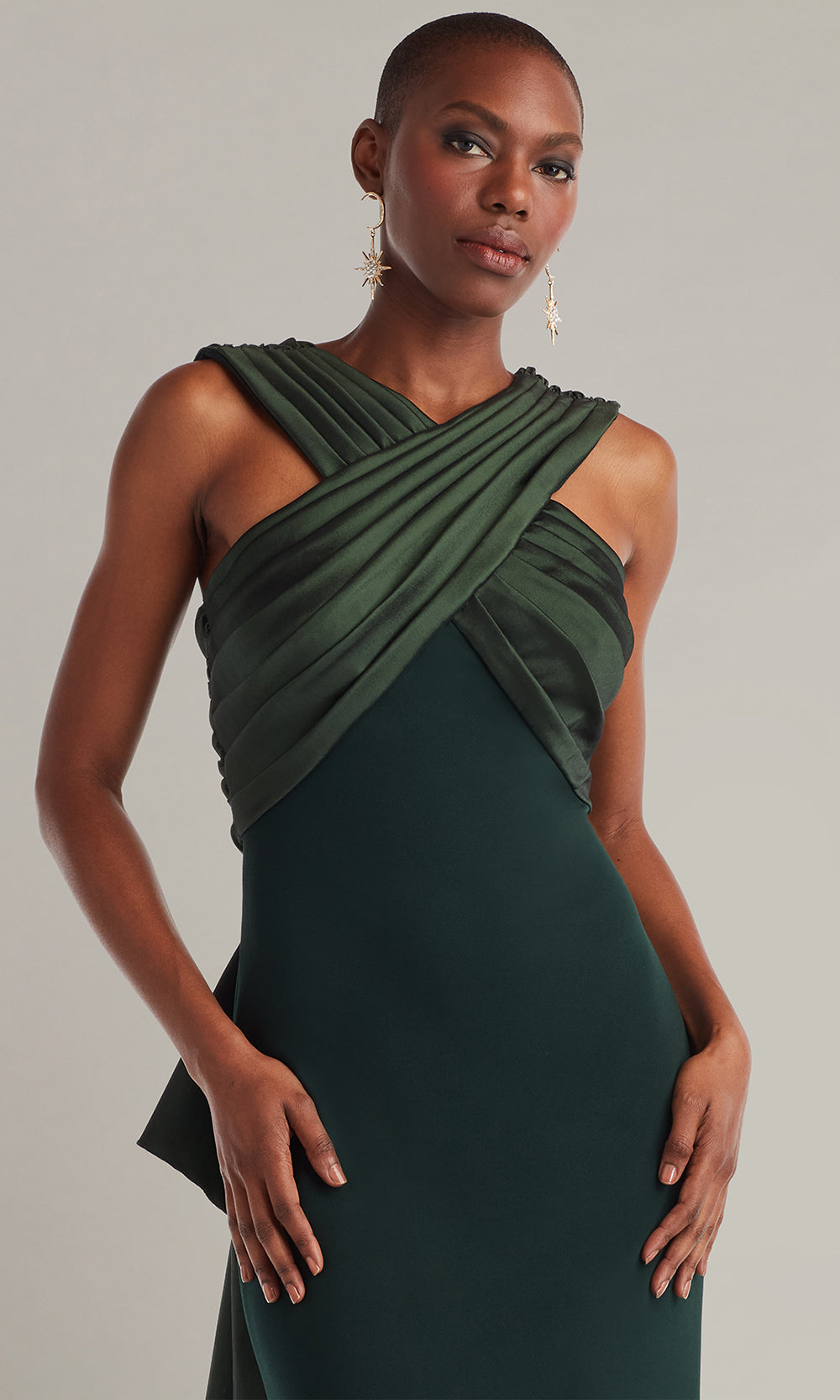 Tadashi Shoji BOS25316L - Caro Cascading Halter Gown with Pleated Detail Special Occasion Dress in Green  