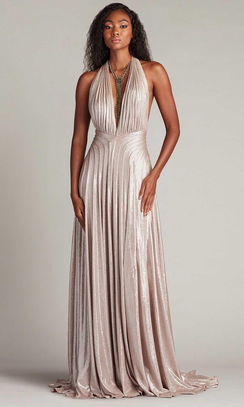 Tadashi Shoji BSJ25440L - Zarelle Pleated Metallic Halter V-Neck Gown Prom Dresses in Gray  
