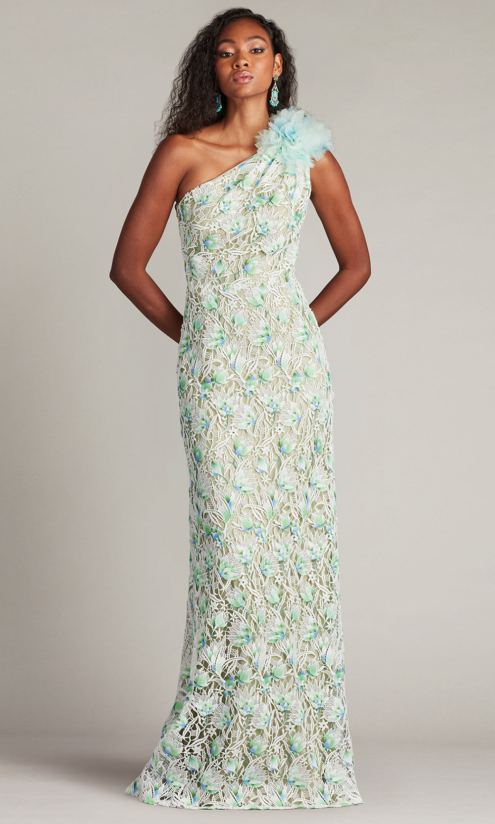 Tadashi Shoji CHY25433L - Kahli 3D Floral Embroidered One Shoulder Gown Prom Dresses in White and Green