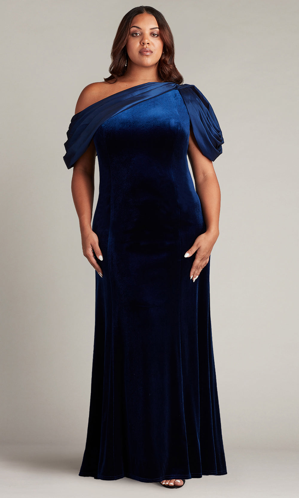 Tadashi Shoji BAL22037LQ - Copley Shoulder Drape Velvet Column Gown - PLUS SIZE Mother of the Bride Dresses in Blue  