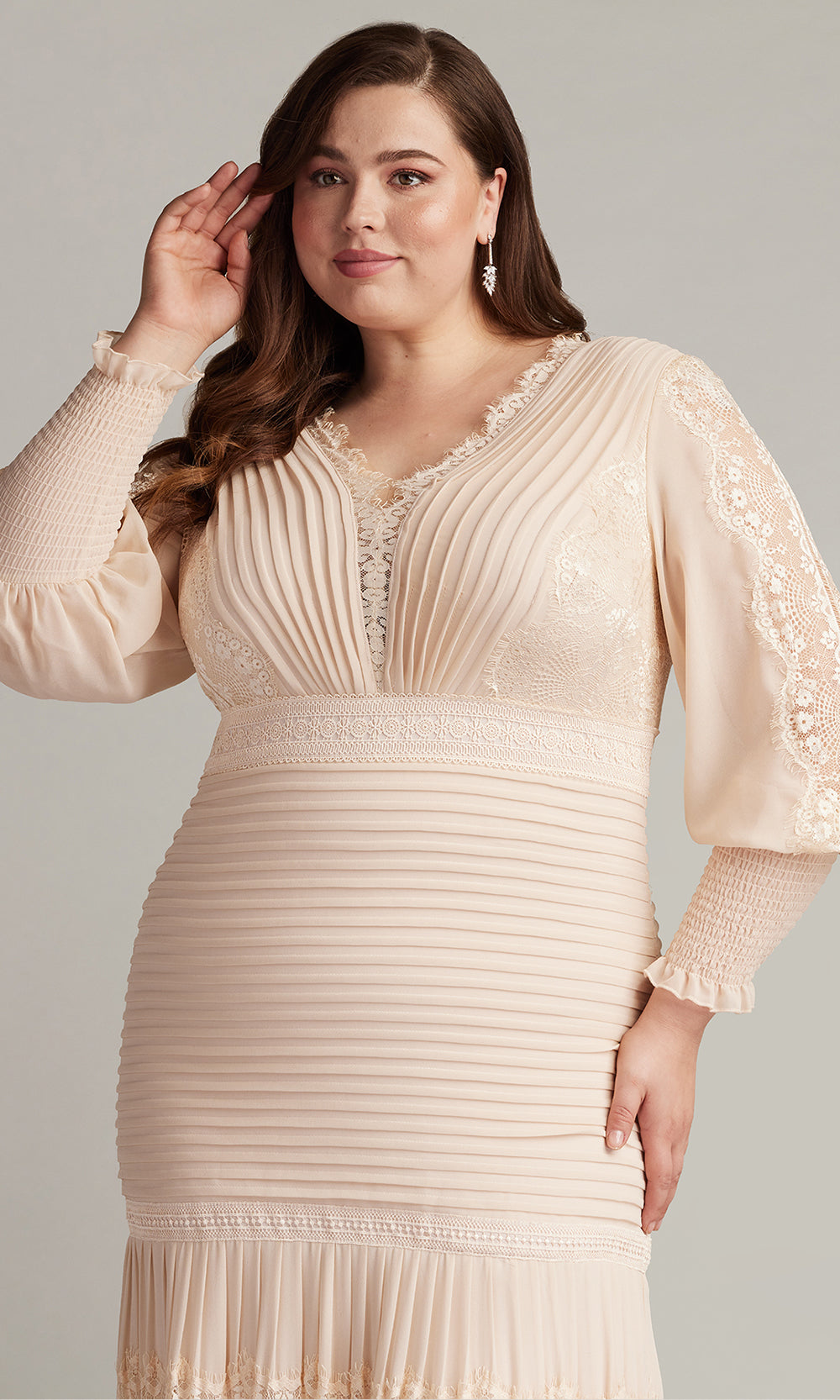 Tadashi Shoji YV21070LQ - Nyssa Bishop Sleeve Pleated Formal Gown - PLUS SIZE Mother of the Bride Dresses in Pink  