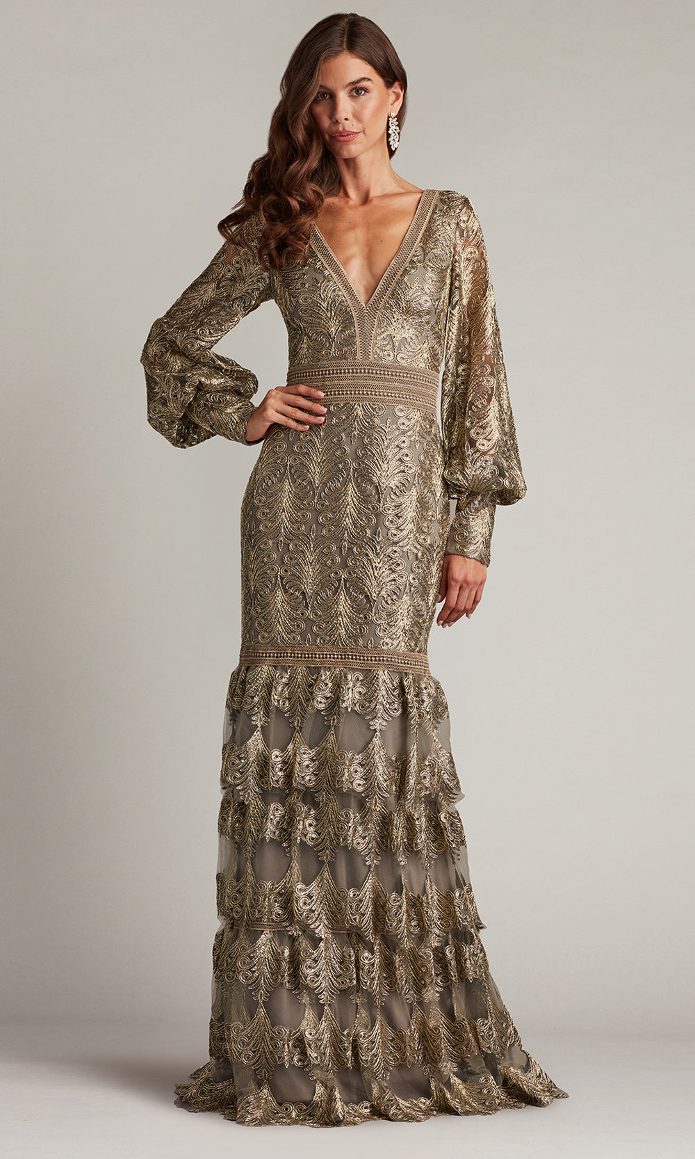 Tadashi Shoji CGA24268L - V-Neck Aponi Tiered Sequin Embroidered Gown Formal Gowns
