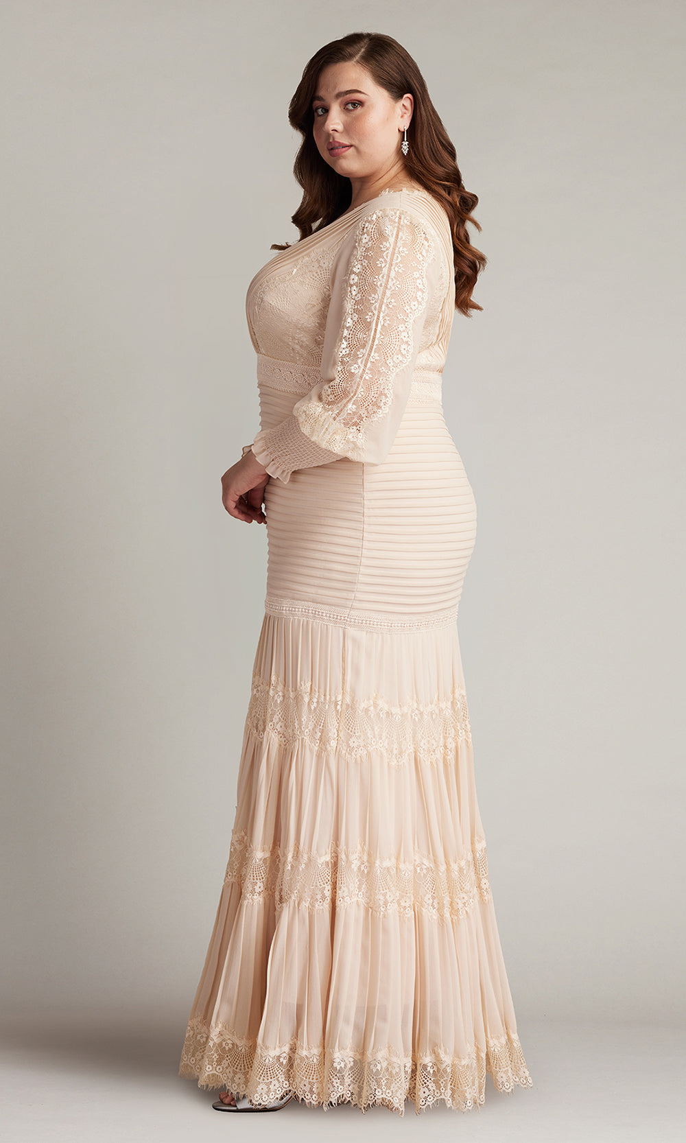Tadashi Shoji YV21070LQ - Nyssa Bishop Sleeve Pleated Formal Gown - PLUS SIZE Mother of the Bride Dresses in Pink  