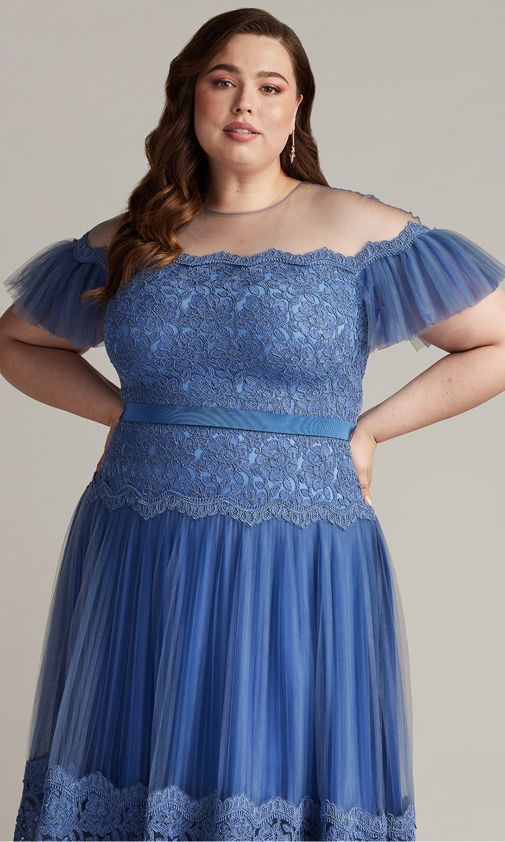 Tadashi Shoji CFJ24361MDQ - Elise Embroidered Pleated Tulle Midi A-Line Dress - PLUS SIZE Wedding Guest in Blue  