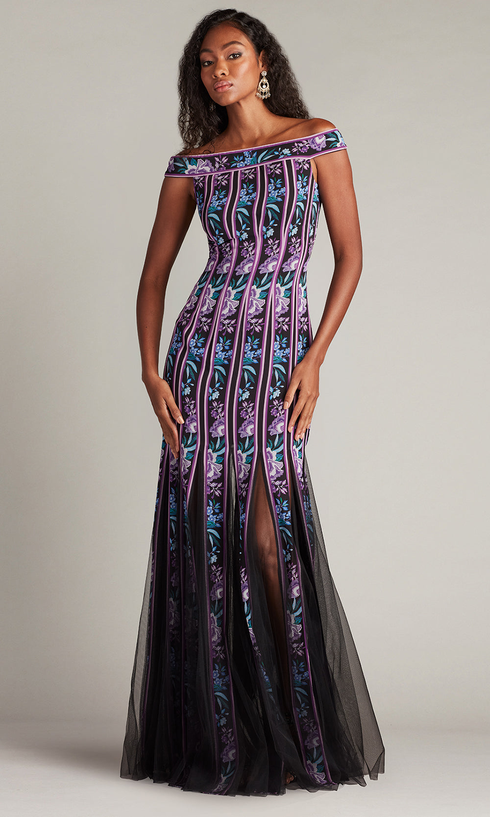 Tadashi Shoji CHZ25464L - Off Shoulder Weston Floral Ribbon and Tulle Gown Formal Gowns