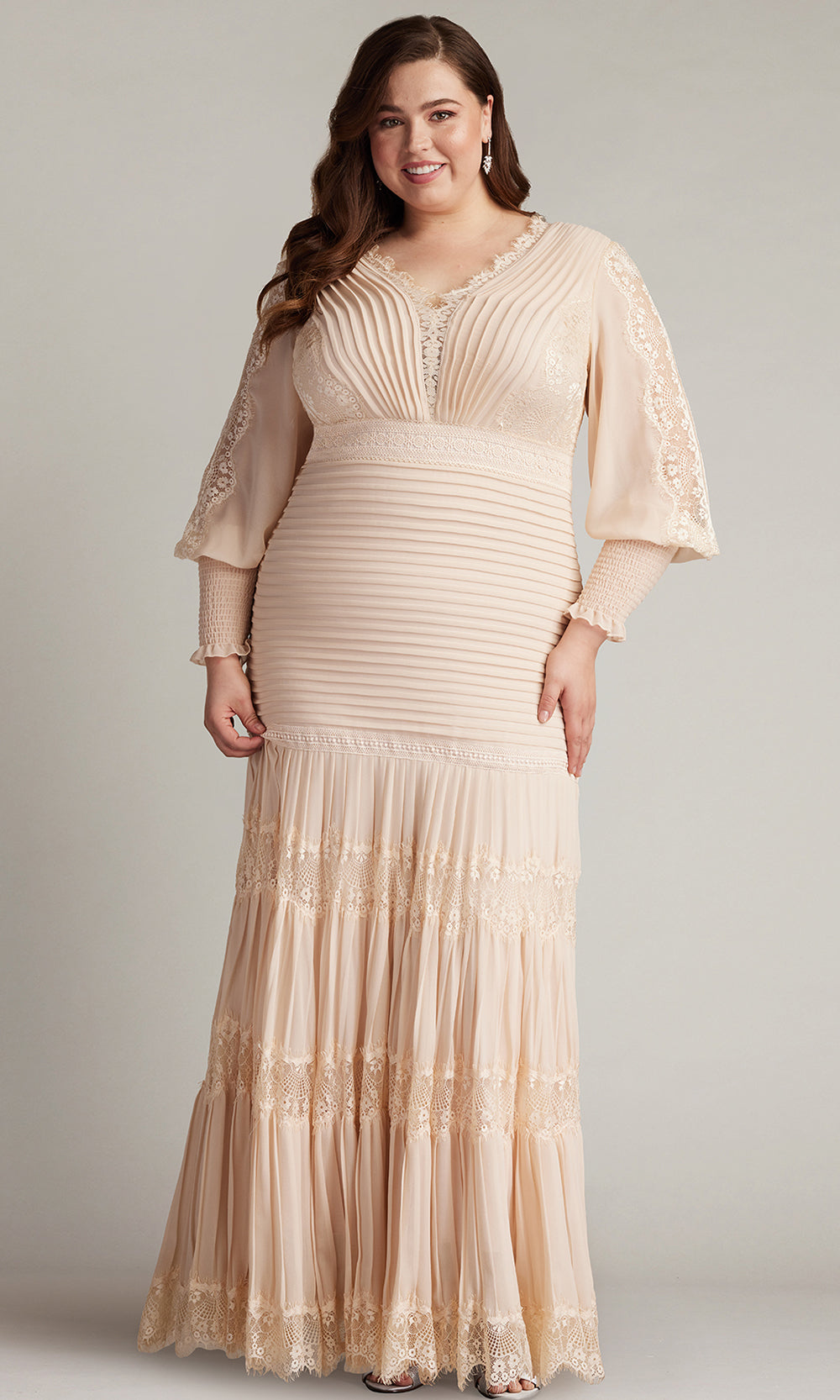 Tadashi Shoji YV21070LQ - Nyssa Bishop Sleeve Pleated Formal Gown - PLUS SIZE Mother of the Bride Dresses in Pink  