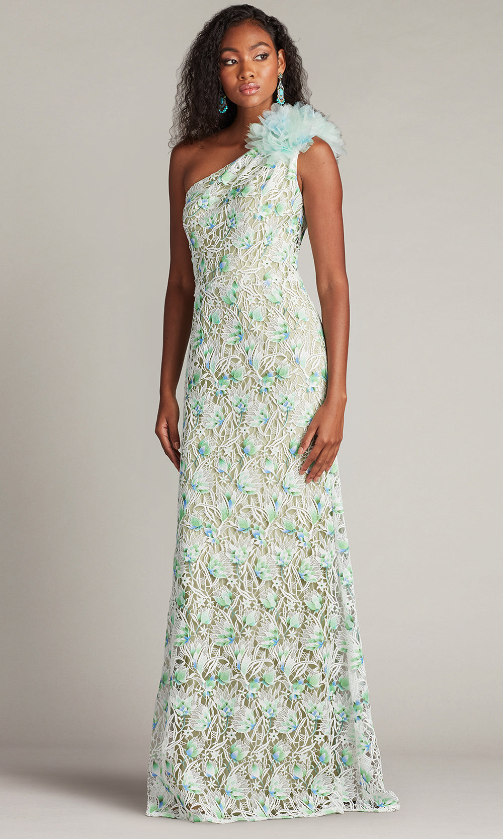 Tadashi Shoji CHY25433L - Kahli 3D Floral Embroidered One Shoulder Gown Prom Dresses in White and Green