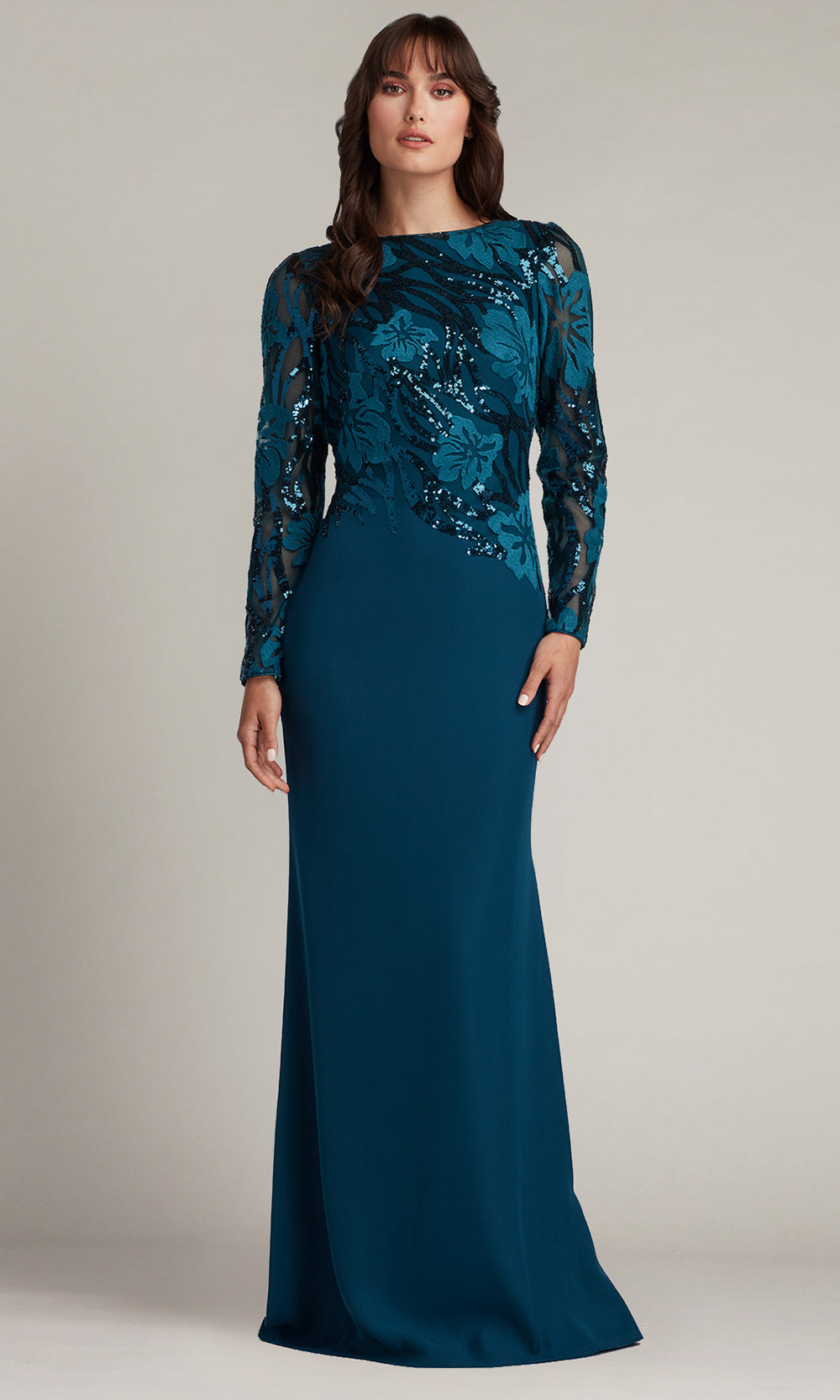 tadashi shoji plus size evening dresses Markum Long-Sleeve Velvet Flounce Gown