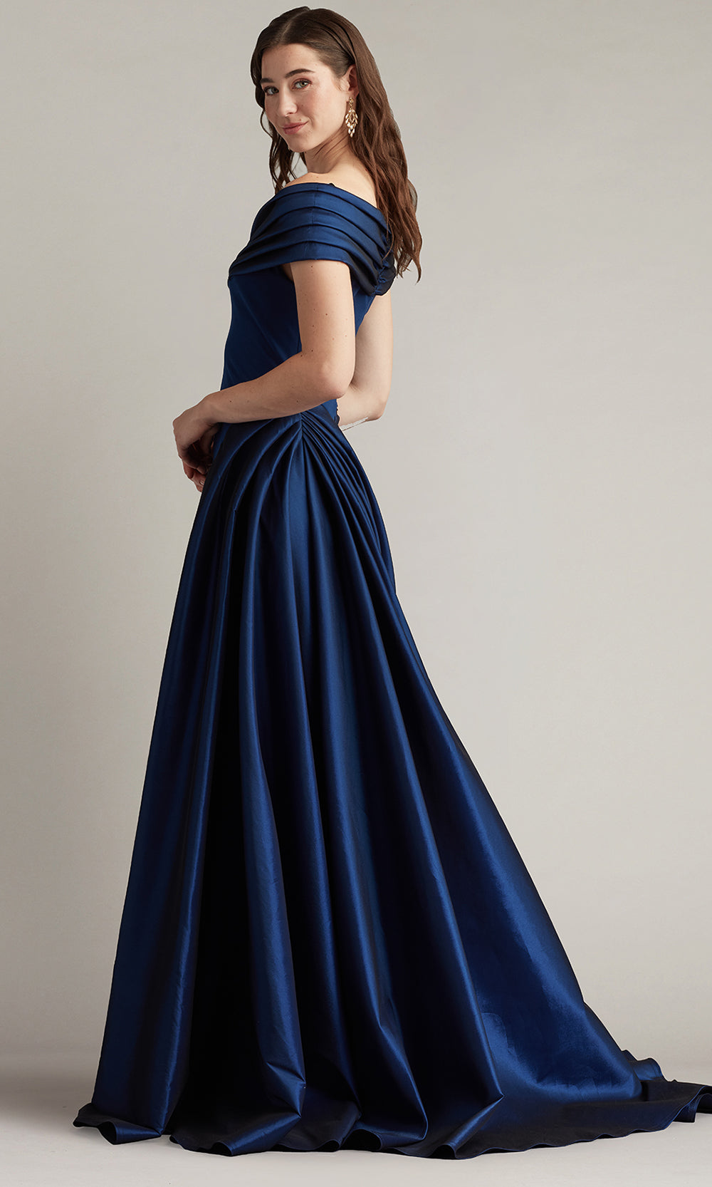 Tadashi Shoji BOS25530L - Off Shoulder Elysian Draped Overlay Train Gown Prom Dresses in Navy  