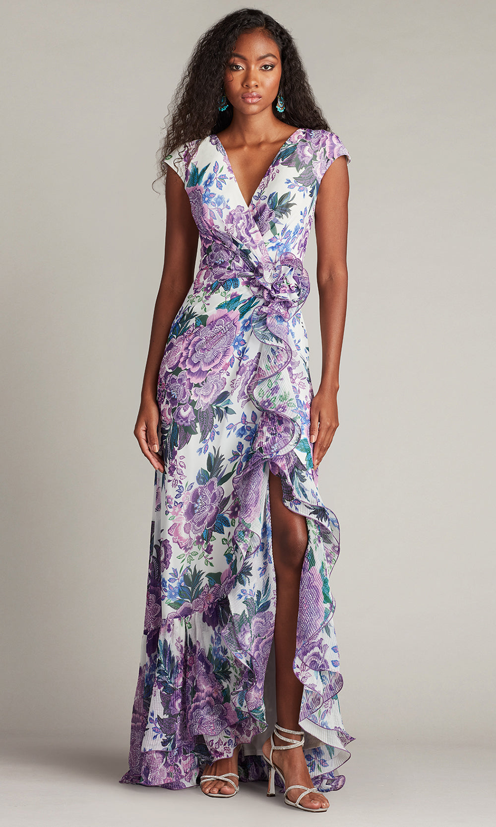 Tadashi Shoji CHZ25459L - Sinai Floral Cascading Ruffle V-Neckline Gown Prom Dresses in White and Purple
