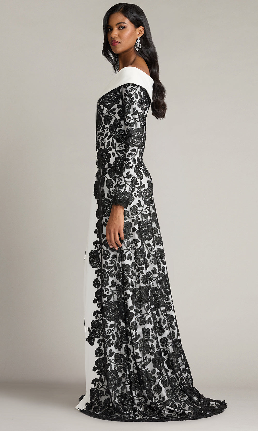 Tadashi Shoji CJH26120L - Melara Off-Shoulder Embroidered Crepe Formal Gown Formal Gowns in Black and White