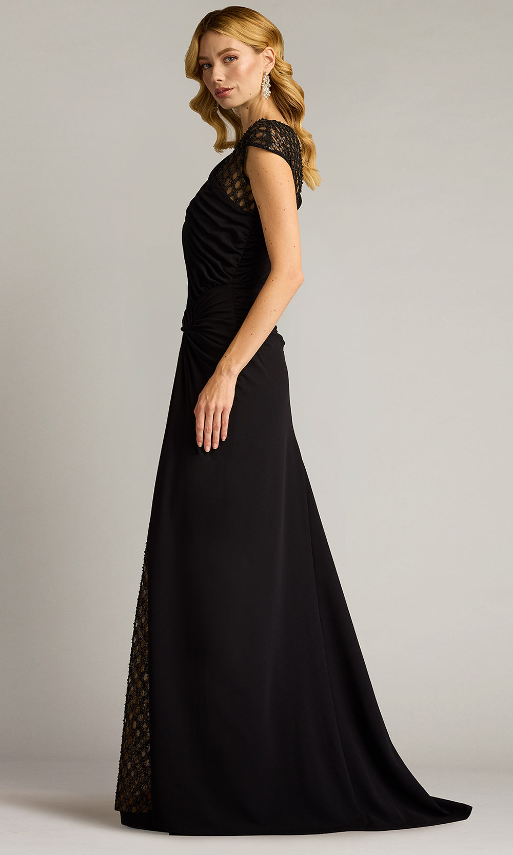Tadashi Shoji CHI24388L - Jetta Peek-A-Boo Illusion Cap Sleeve Gown Mother of the Bride Dresses in Black  