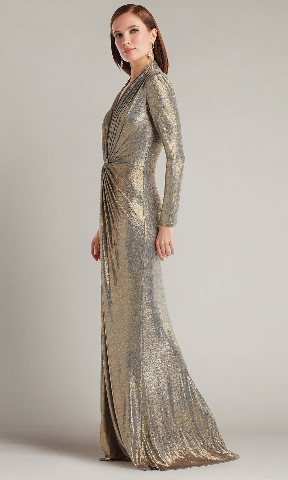 Tadashi Shoji BSJ24035L - Plunging V-Neck Ferrum Metallic Twist Drape Gown Mother of the Bride Dresses in Gray  