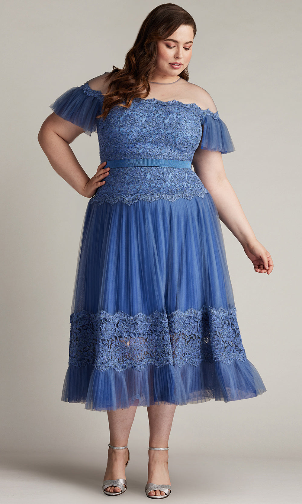 Tadashi Shoji CFJ24361MDQ - Elise Embroidered Pleated Tulle Midi A-Line Dress - PLUS SIZE Wedding Guest in Blue  