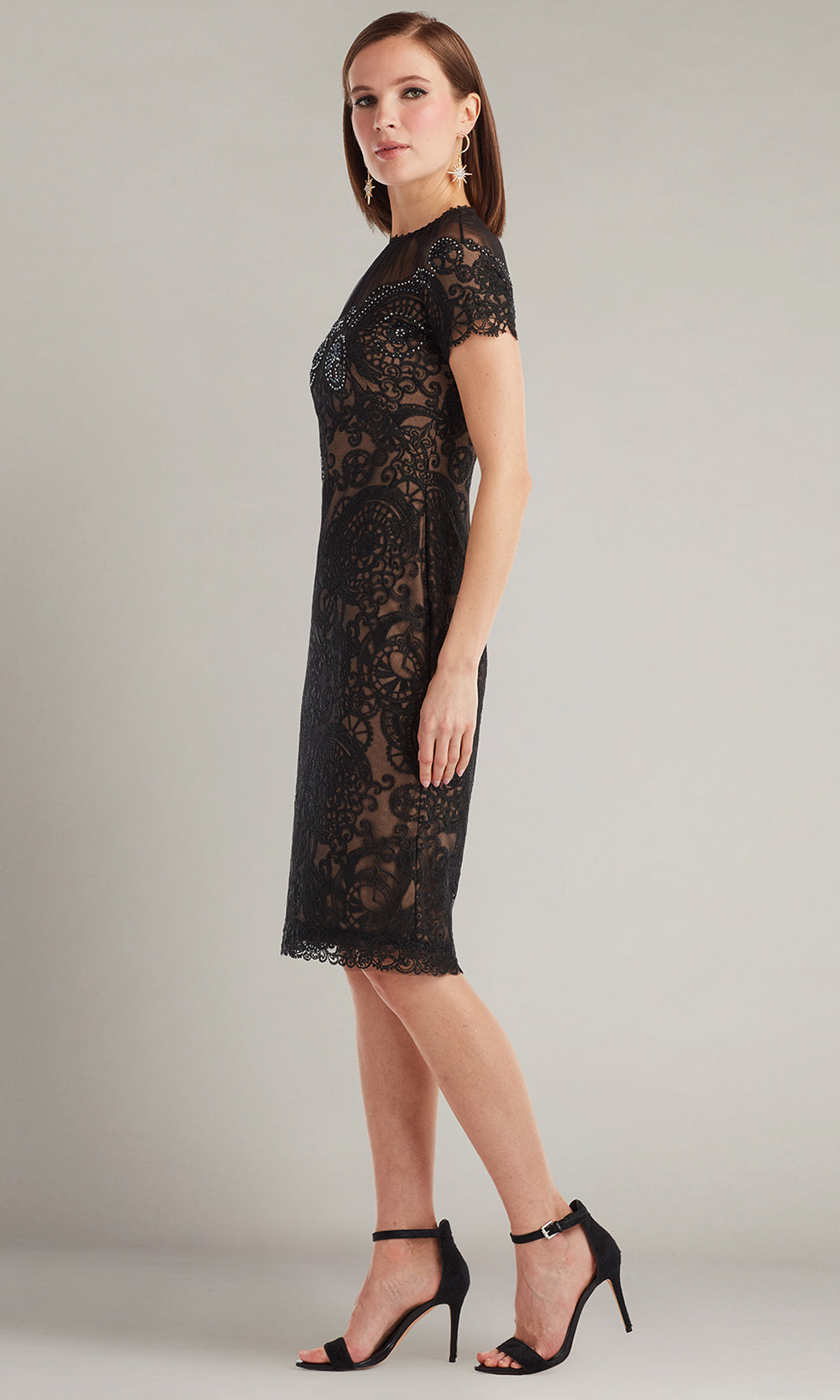 Tadashi Shoji CIT25657MB - High Neck Sable Embroidered Tulle Dress Cocktail Dresses in Black and Neutral