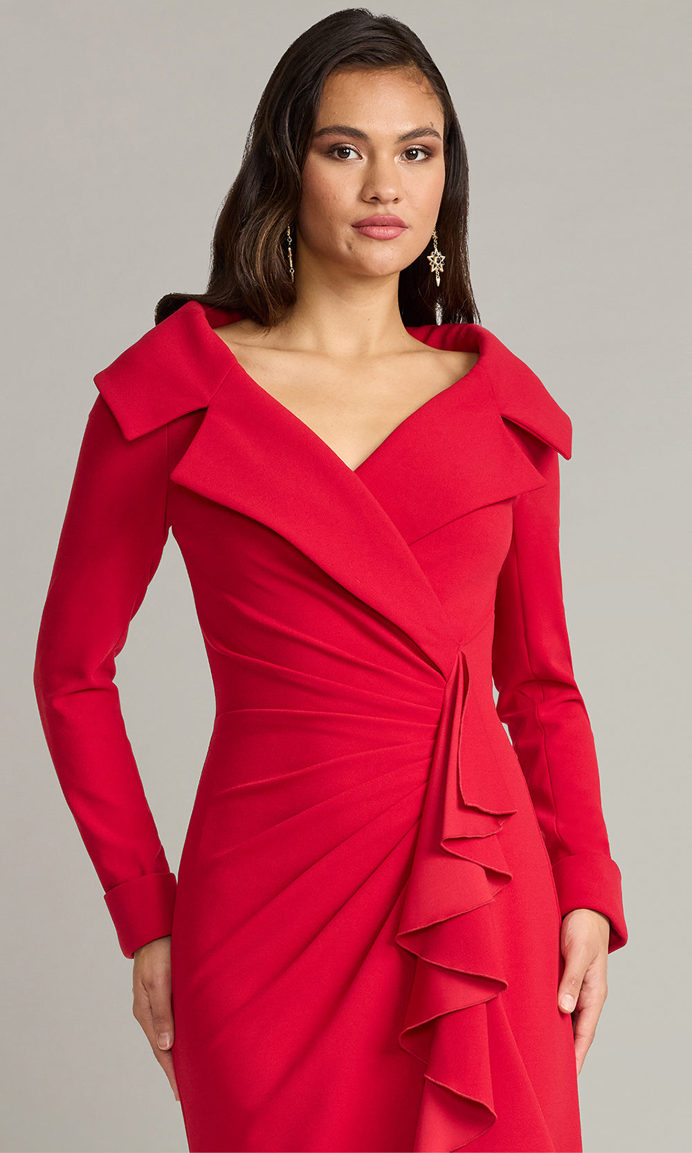 Tadashi Shoji BOS26178L - Noma Portrait Collar Long Sleeve Formal Gown Mother of the Bride Dresses in Red  