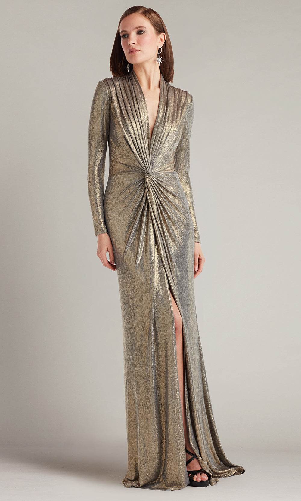 Tadashi Shoji BSJ24035L - Plunging V-Neck Ferrum Metallic Twist Drape Gown Mother of the Bride Dresses in Gray  