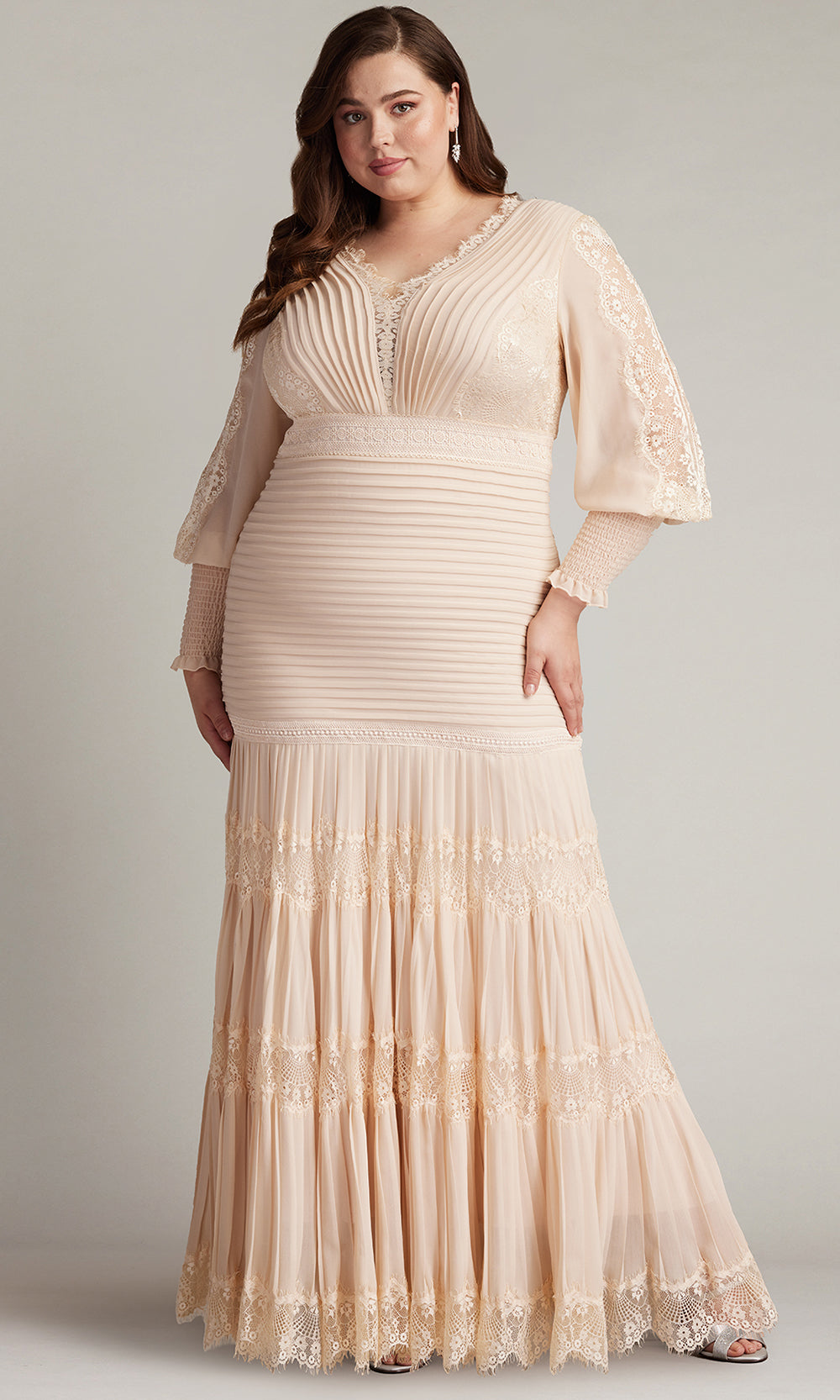 Tadashi Shoji YV21070LQ - Nyssa Bishop Sleeve Pleated Formal Gown - PLUS SIZE Mother of the Bride Dresses in Pink  