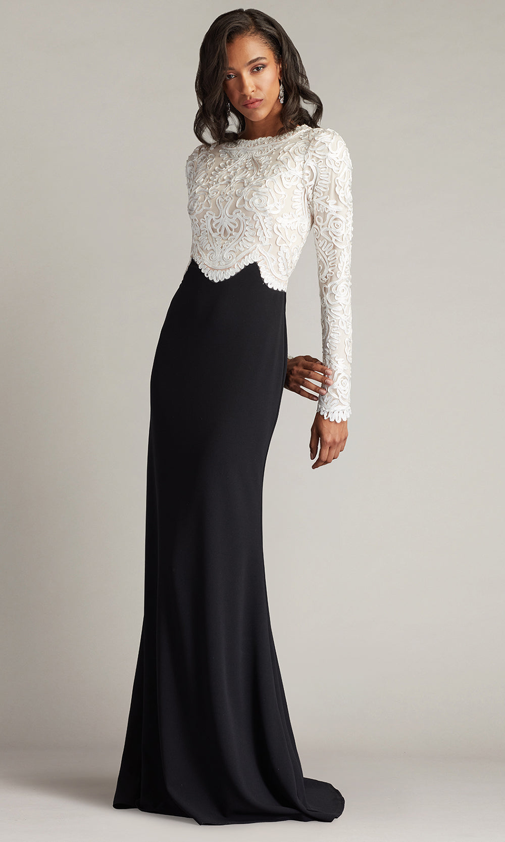 Tadashi Shoji CIM25399L - Verae Embroidered Bodice Sheath Evening Gown Prom Dresses in White and Black
