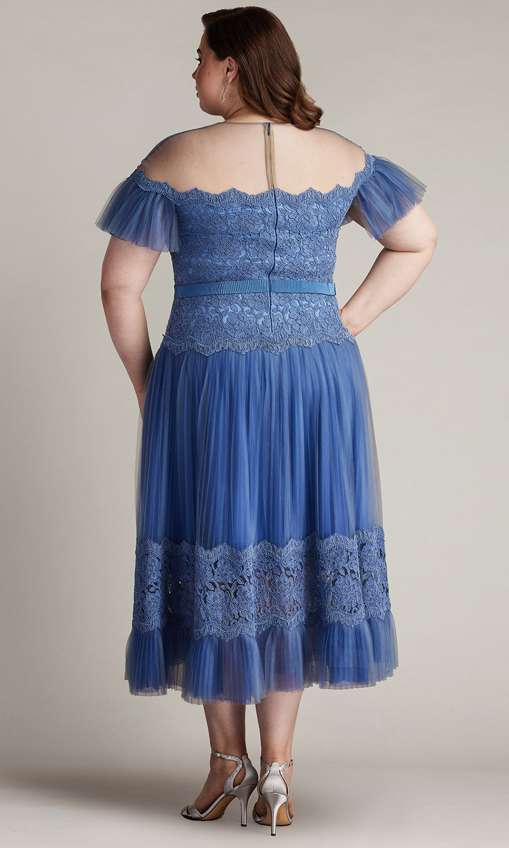 Tadashi Shoji CFJ24361MDQ - Elise Embroidered Pleated Tulle Midi A-Line Dress - PLUS SIZE Wedding Guest in Blue  