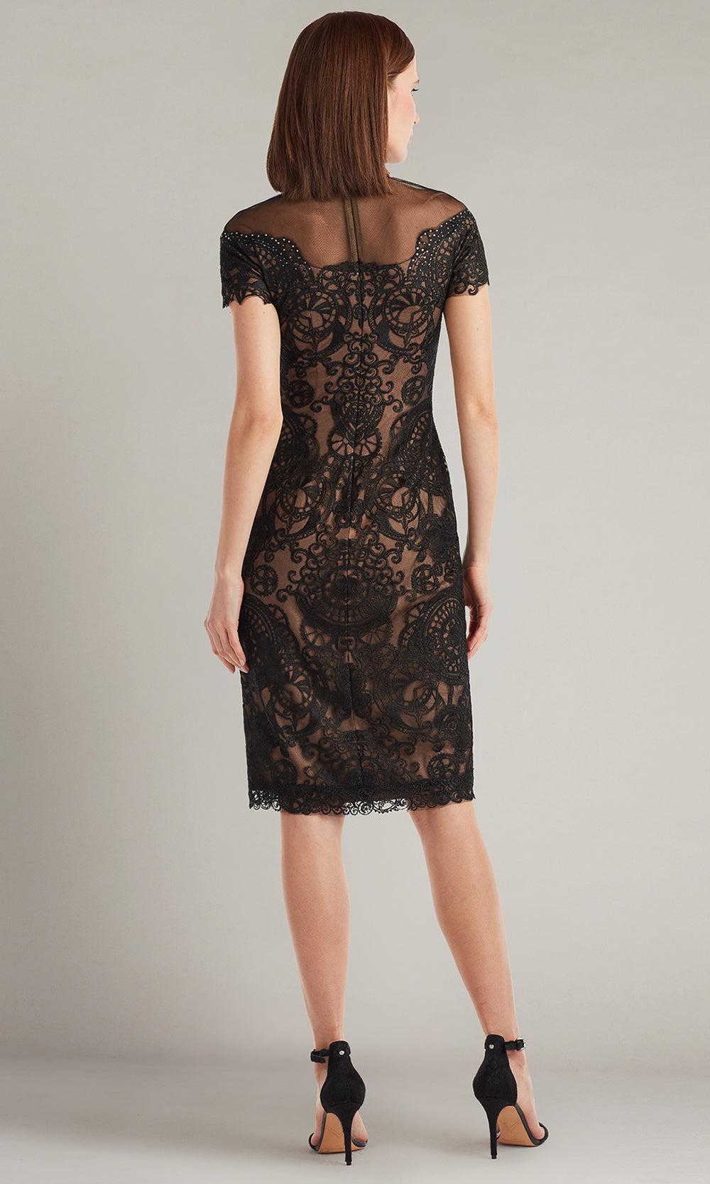 Tadashi Shoji CIT25657MB - High Neck Sable Embroidered Tulle Dress Cocktail Dresses in Black and Neutral