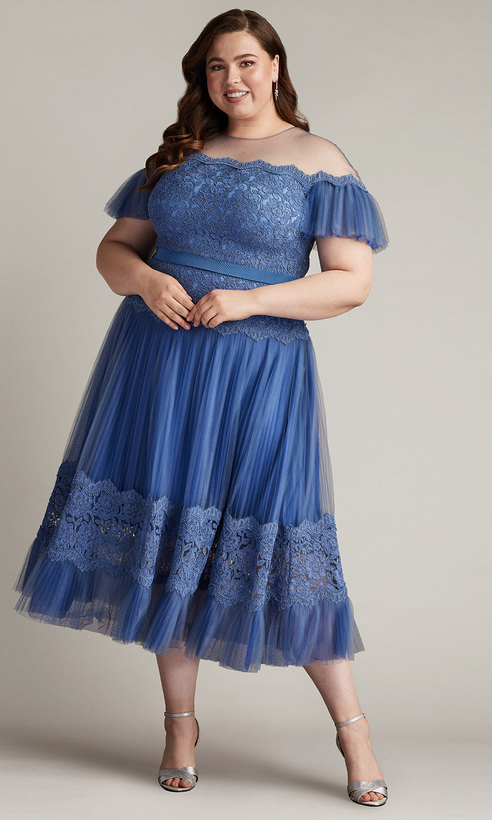 Tadashi Shoji CFJ24361MDQ - Elise Embroidered Pleated Tulle Midi A-Line Dress - PLUS SIZE Wedding Guest in Blue  