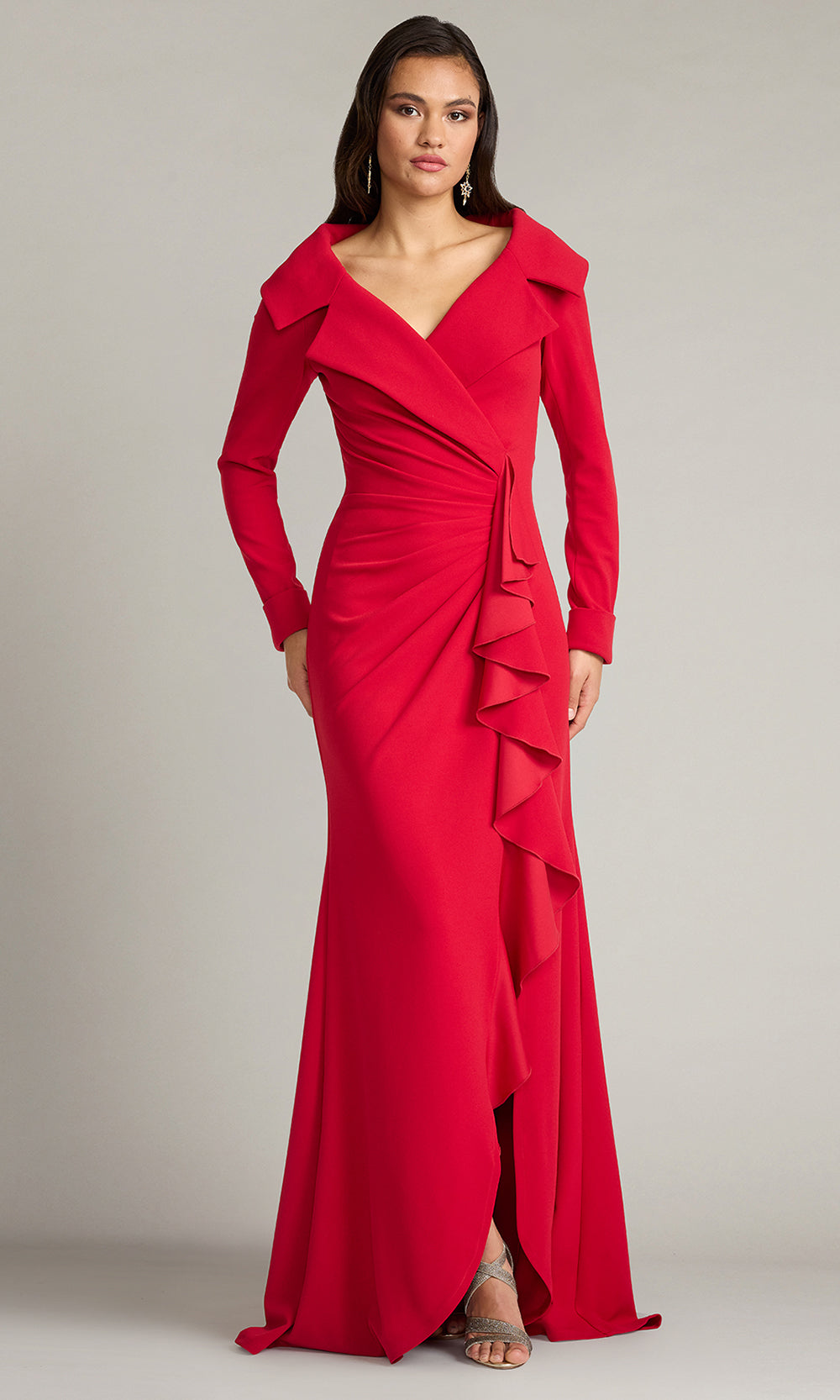 Tadashi Shoji BOS26178L - Noma Portrait Collar Long Sleeve Formal Gown Mother of the Bride Dresses in Red  