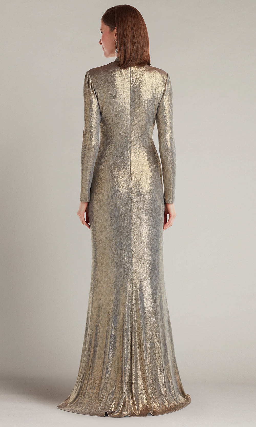 Tadashi Shoji BSJ24035L - Plunging V-Neck Ferrum Metallic Twist Drape Gown Mother of the Bride Dresses in Gray  