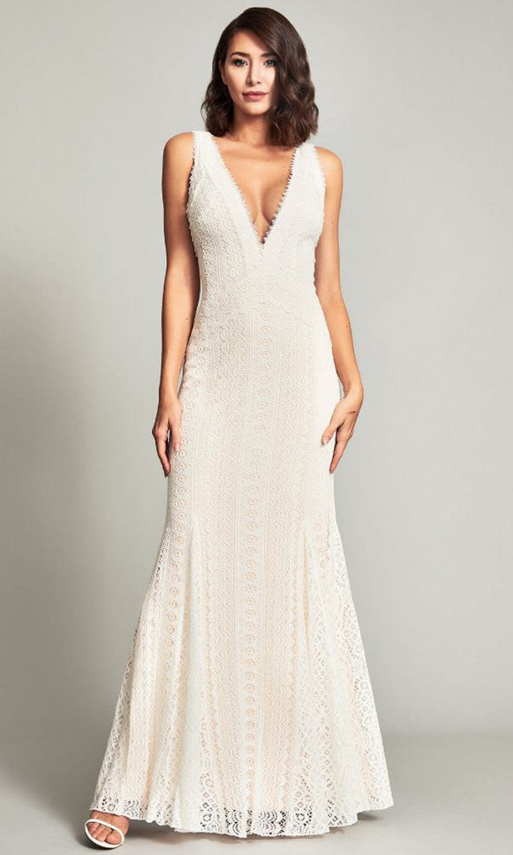 Tadashi Shoji AUG17384LBR - Cadence Wide Strap Lace Bridal Gown Wedding Dresses in White  