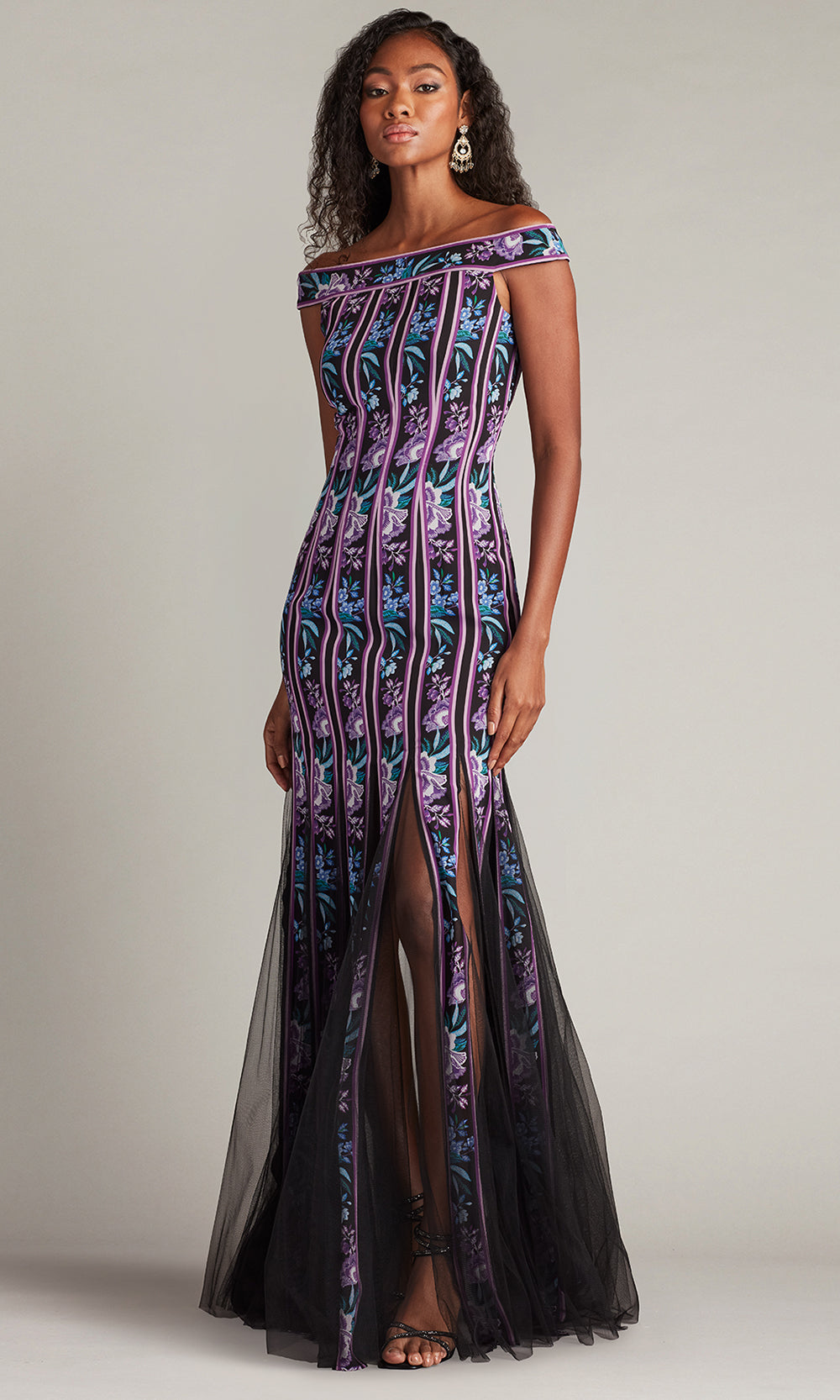 Tadashi Shoji CHZ25464L - Off Shoulder Weston Floral Ribbon and Tulle Gown Formal Gowns