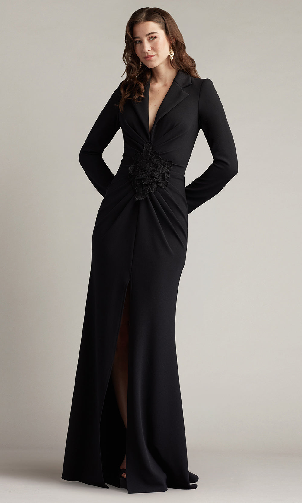 Tadashi Shoji BOS25531L - Ardela Center Front Ruffle Slit Evening Gown Prom Dresses in Black  