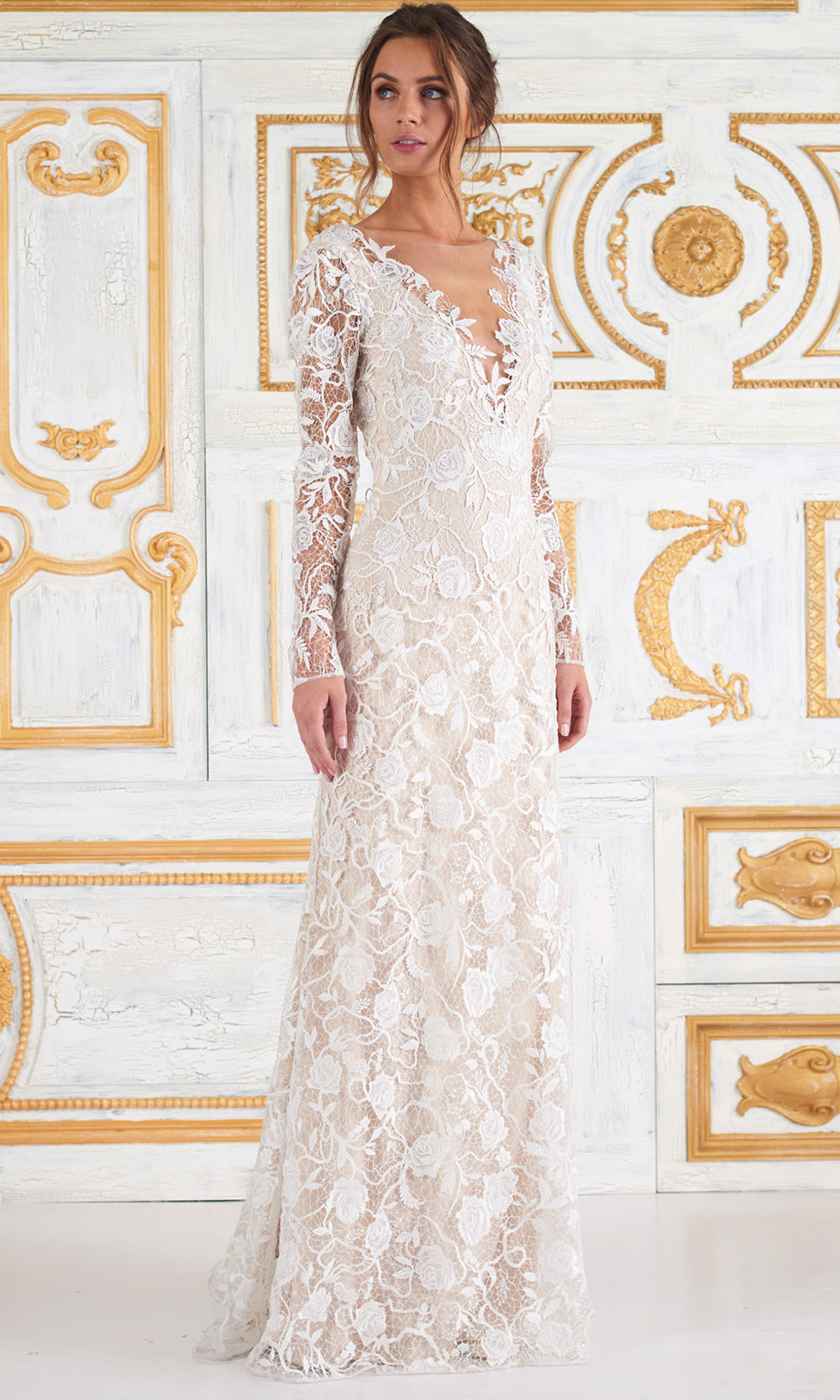 Tadashi Shoji AYB17396LBR - Long Sleeve Embroidered Column Margery Gown Wedding Dresses in White  