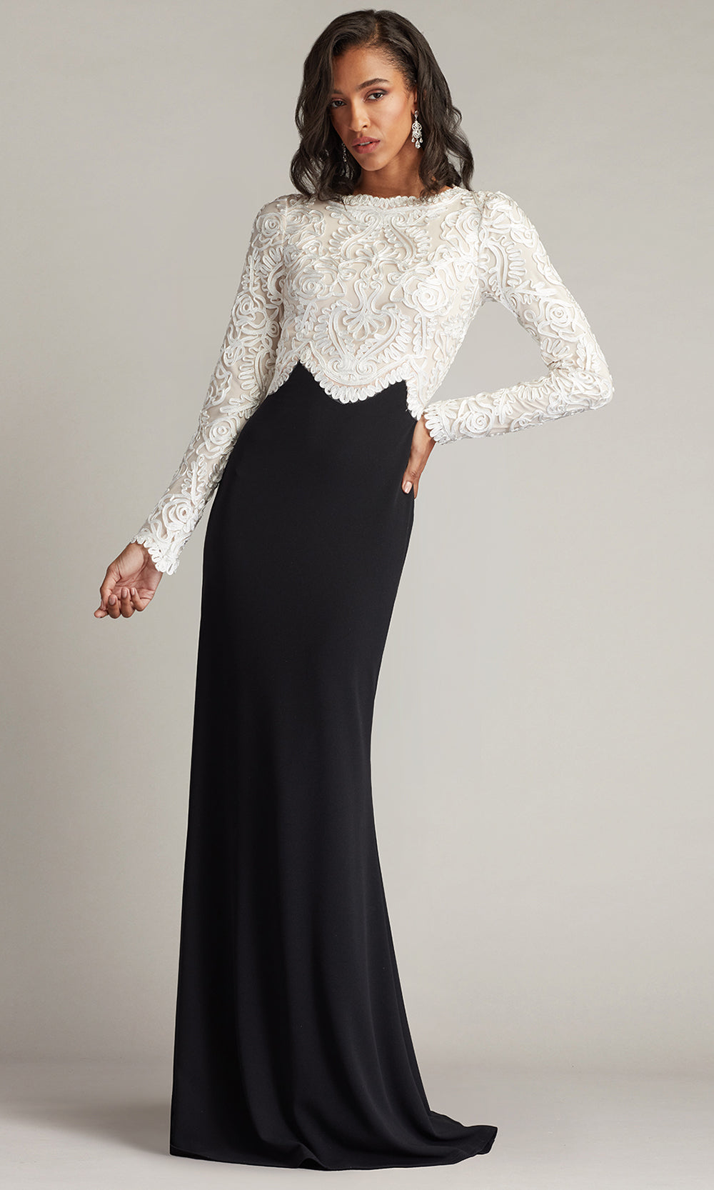 Tadashi Shoji CIM25399L - Verae Embroidered Bodice Sheath Evening Gown Prom Dresses in White and Black